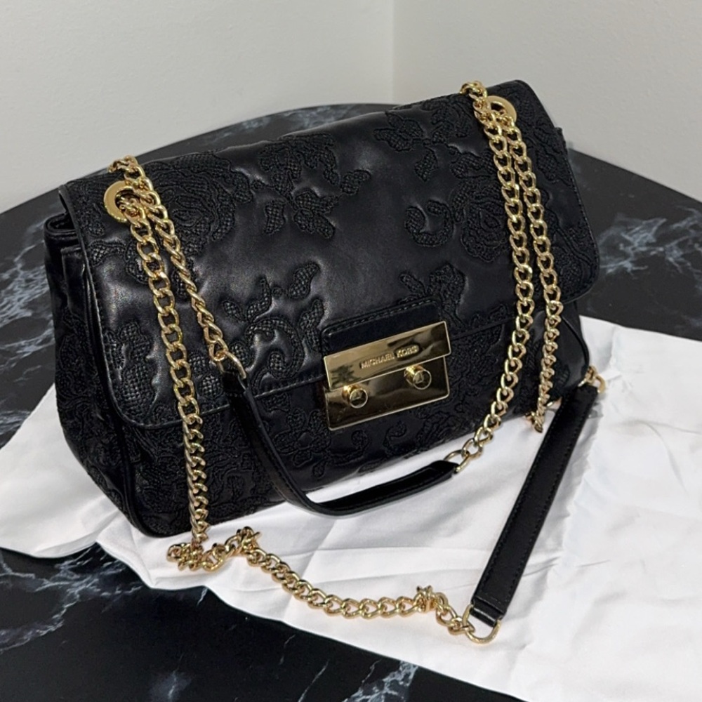 Michael Kors Lace 30h6gl8l3t Sloan LG Chain Leather Shoulder Bag Black AUTHENTIC